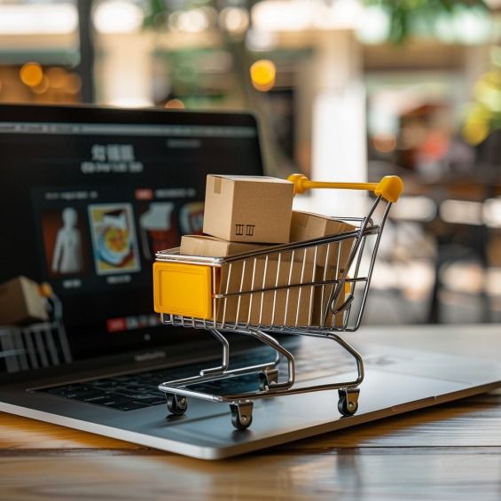 "Un ordinateur portable ouvert affichant une boutique en ligne avec un petit caddie rempli de colis posé sur le clavier, montrant concrètement comment créer un site qui convertit les visiteurs en acheteurs."